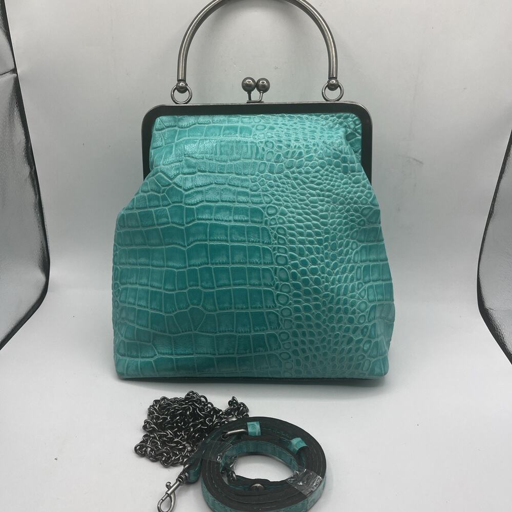 Patricia Nash NOVELlA Frame Bag Aqua Turquoise Croc Leather Kiss Lock Satchel - Picture 1 of 14